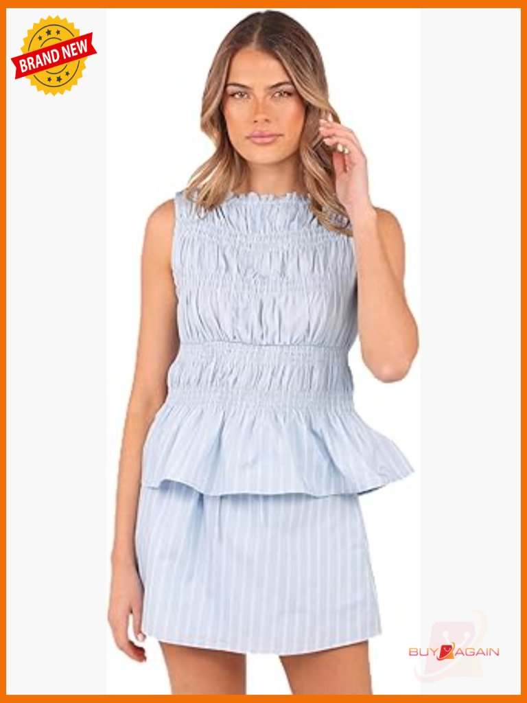 Two-Piece Skirt Set - Peplem Top & High Rise Skirt - Sleeveless Pull On
